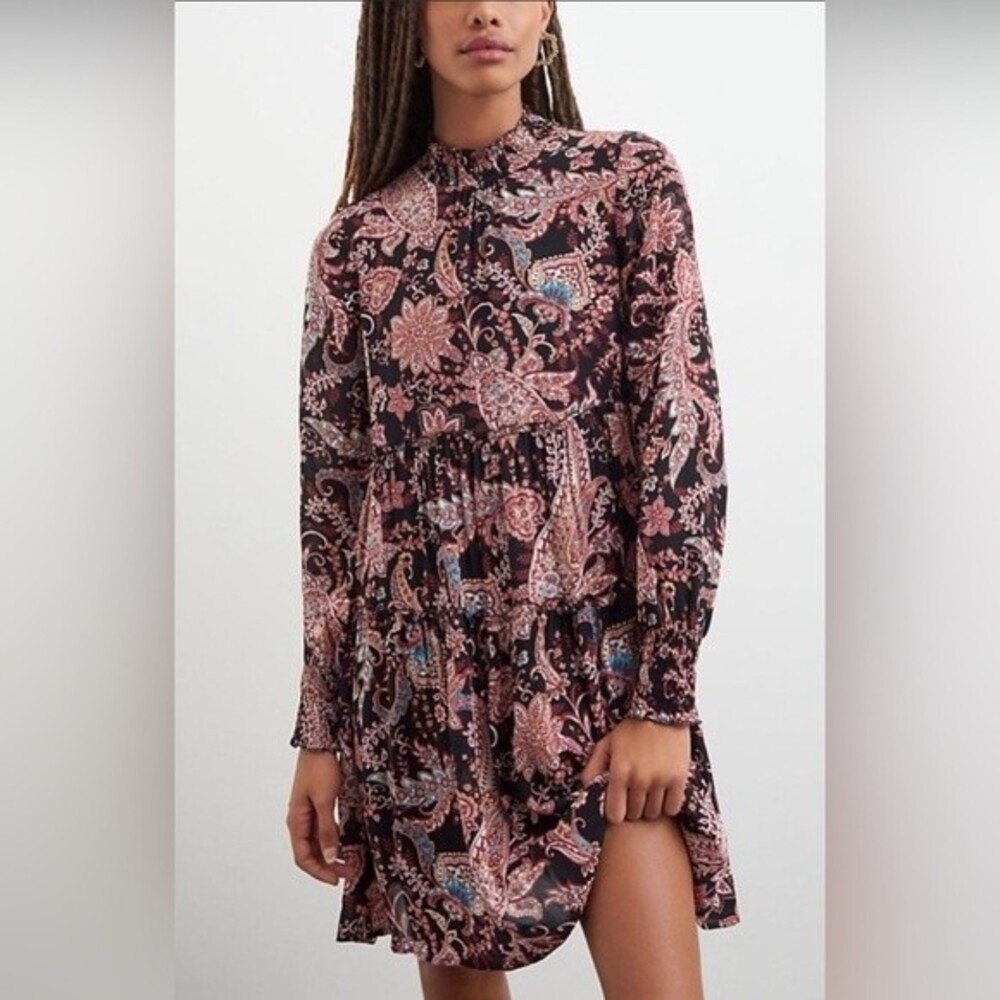 Anthropologie Women's Cady Tiered Tunic Lined Paisley Long Sleeve Dress Size XSP